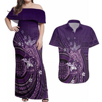 Samoa Tatau Marlin Couples Matching Off Shoulder Maxi Dress and Hawaiian Shirt With Siapo Motifs Violet