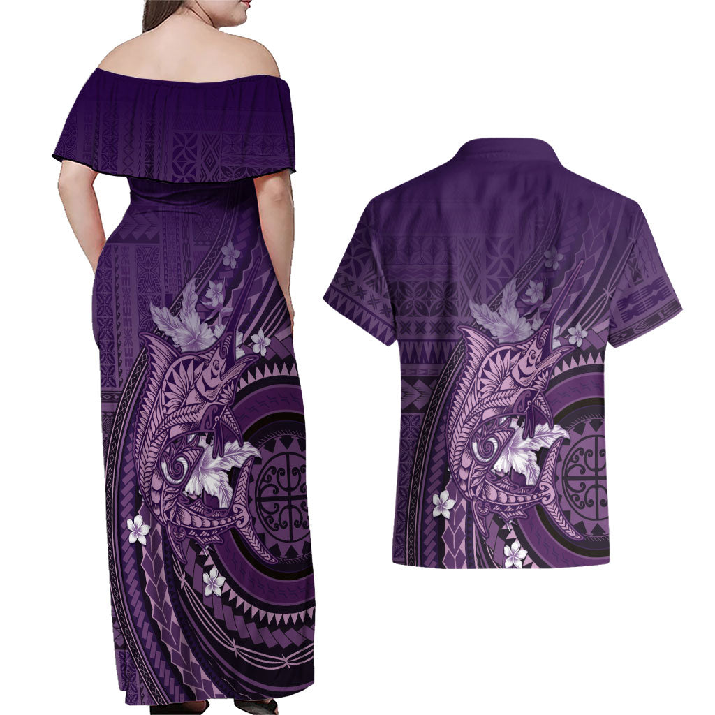 Samoa Tatau Marlin Couples Matching Off Shoulder Maxi Dress and Hawaiian Shirt With Siapo Motifs Violet