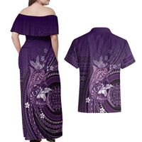 Samoa Tatau Marlin Couples Matching Off Shoulder Maxi Dress and Hawaiian Shirt With Siapo Motifs Violet