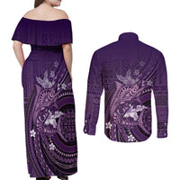 Samoa Tatau Marlin Couples Matching Off Shoulder Maxi Dress and Long Sleeve Button Shirt With Siapo Motifs Violet