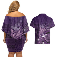 Samoa Tatau Marlin Couples Matching Off Shoulder Short Dress and Hawaiian Shirt With Siapo Motifs Violet
