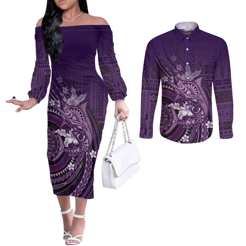 Samoa Tatau Marlin Couples Matching Off The Shoulder Long Sleeve Dress and Long Sleeve Button Shirt With Siapo Motifs Violet LT05 Violet - Polynesian Pride