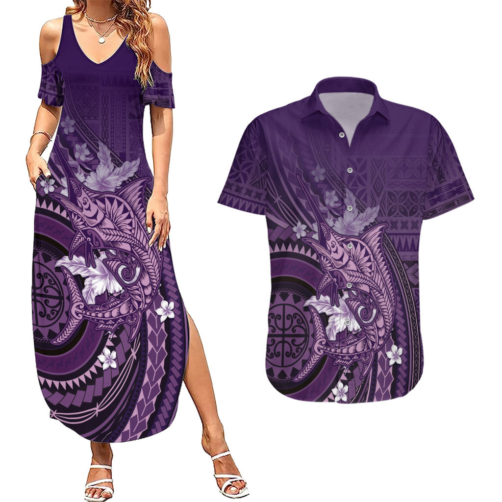 Samoa Tatau Marlin Couples Matching Summer Maxi Dress and Hawaiian Shirt With Siapo Motifs Violet