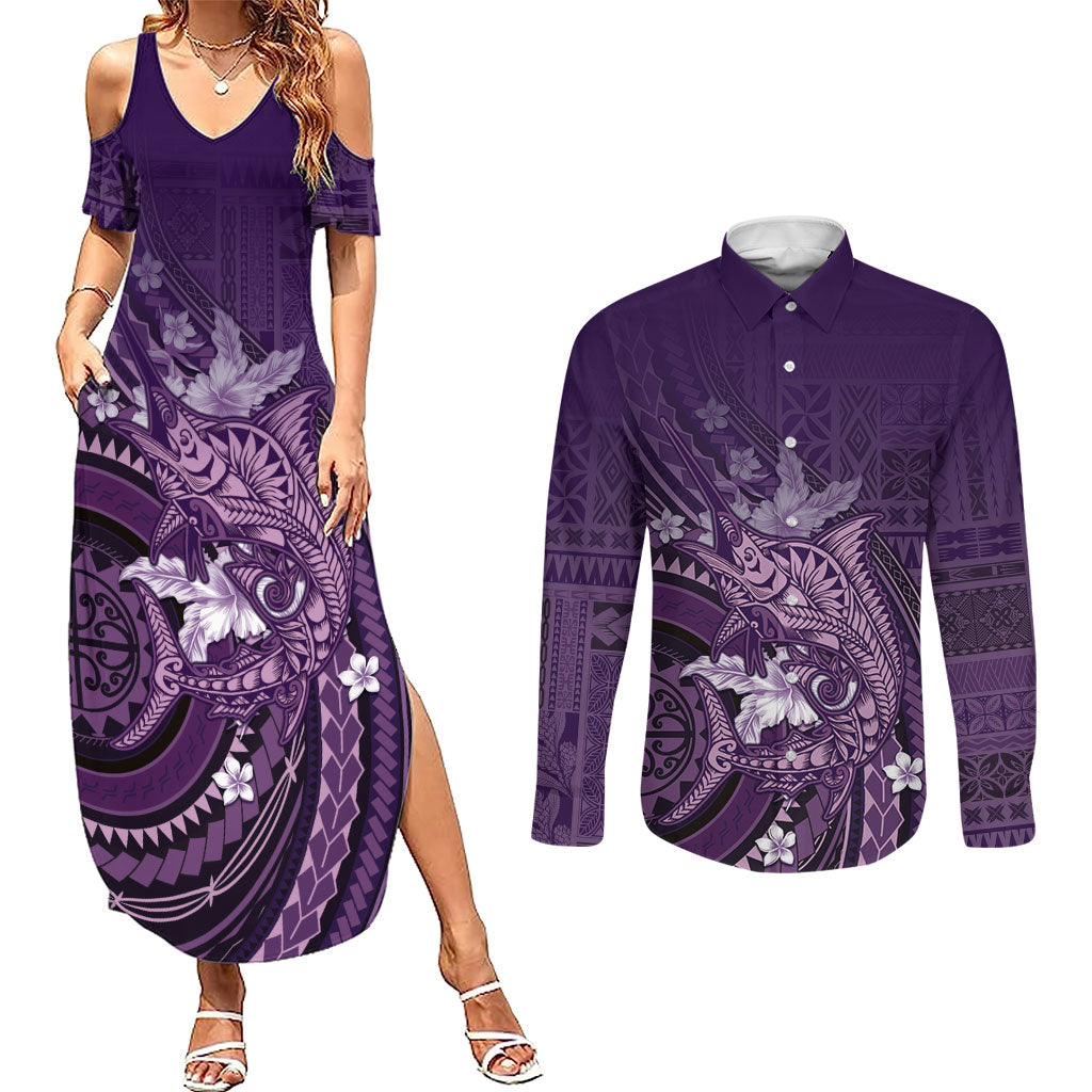 Samoa Tatau Marlin Couples Matching Summer Maxi Dress and Long Sleeve Button Shirt With Siapo Motifs Violet