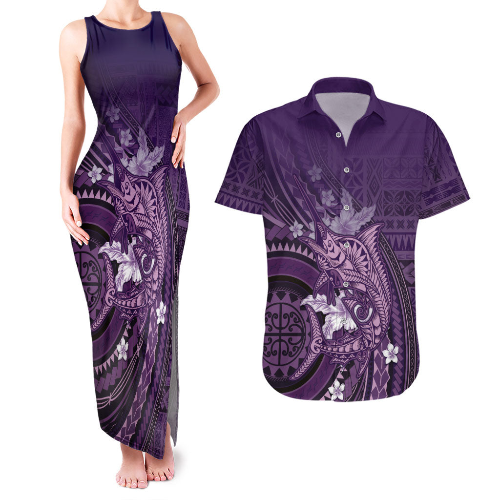 Samoa Tatau Marlin Couples Matching Tank Maxi Dress and Hawaiian Shirt With Siapo Motifs Violet