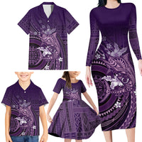 Samoa Tatau Marlin Family Matching Long Sleeve Bodycon Dress and Hawaiian Shirt With Siapo Motifs Violet LT05 - Polynesian Pride