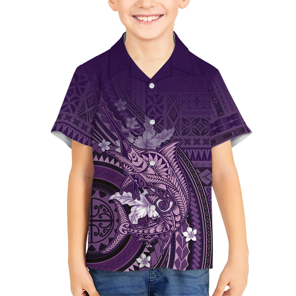 Samoa Tatau Marlin Family Matching Long Sleeve Bodycon Dress and Hawaiian Shirt With Siapo Motifs Violet LT05 Son's Shirt Violet - Polynesian Pride