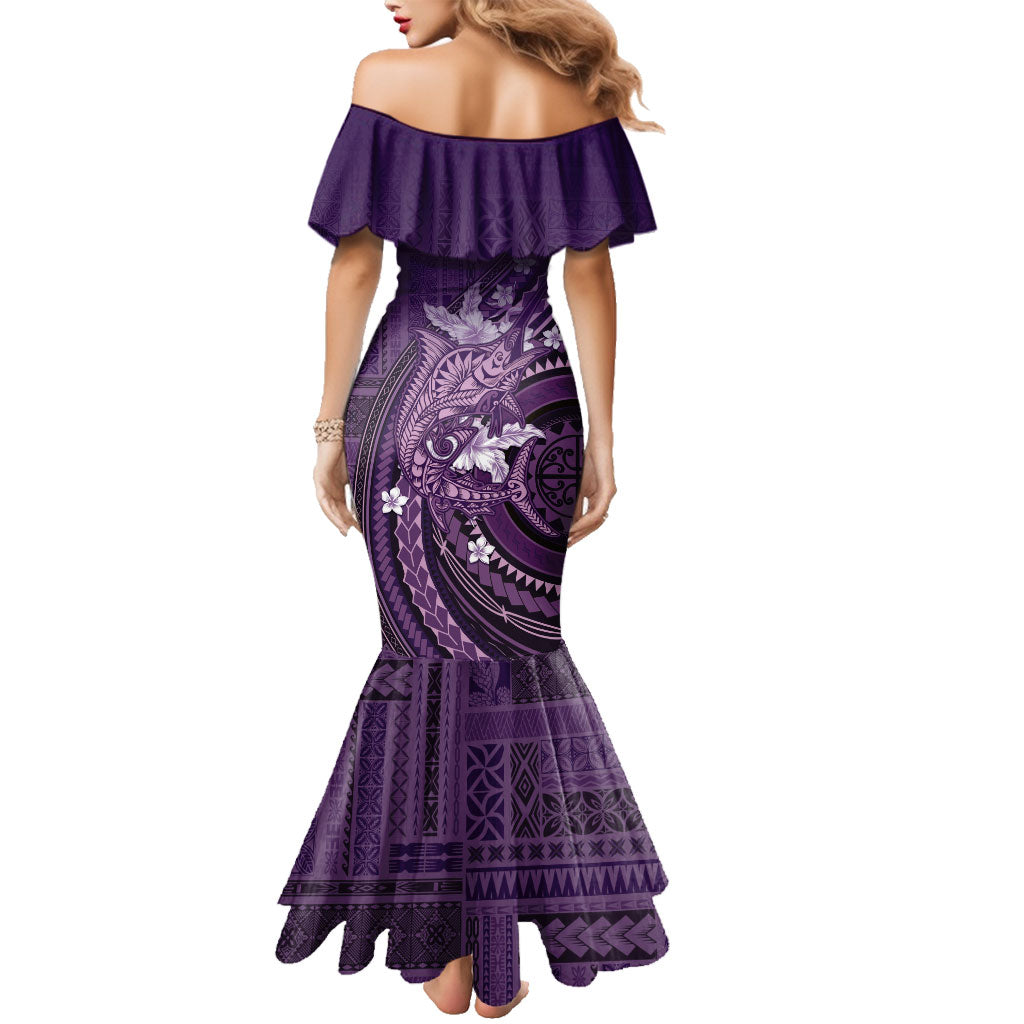 Samoa Tatau Marlin Family Matching Mermaid Dress and Hawaiian Shirt With Siapo Motifs Violet LT05 - Polynesian Pride
