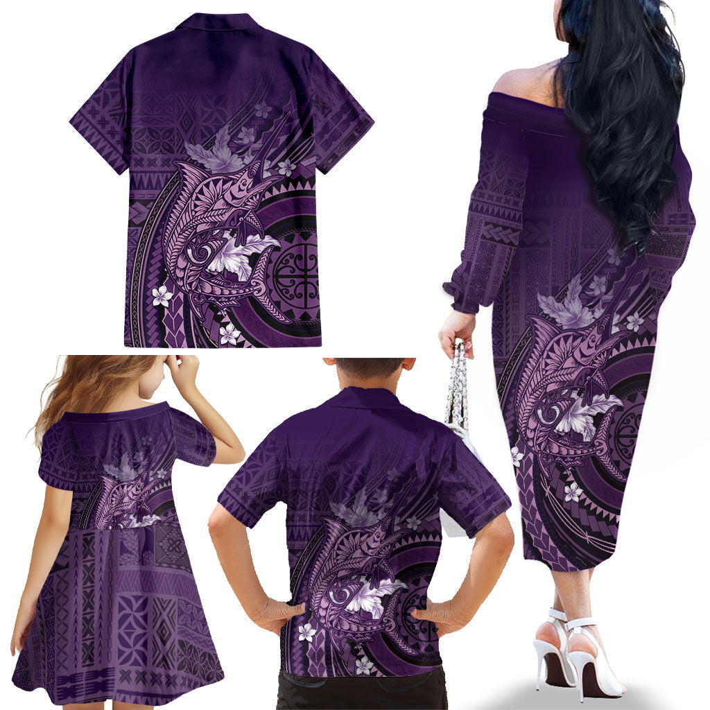 Samoa Tatau Marlin Family Matching Off The Shoulder Long Sleeve Dress and Hawaiian Shirt With Siapo Motifs Violet LT05 - Polynesian Pride