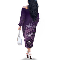Samoa Tatau Marlin Family Matching Off The Shoulder Long Sleeve Dress and Hawaiian Shirt With Siapo Motifs Violet LT05 - Polynesian Pride