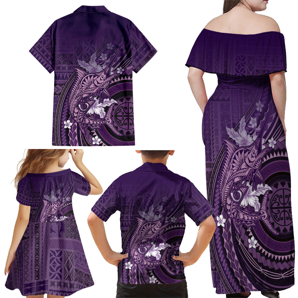 Samoa Tatau Marlin Family Matching Off Shoulder Maxi Dress and Hawaiian Shirt With Siapo Motifs Violet LT05 - Polynesian Pride