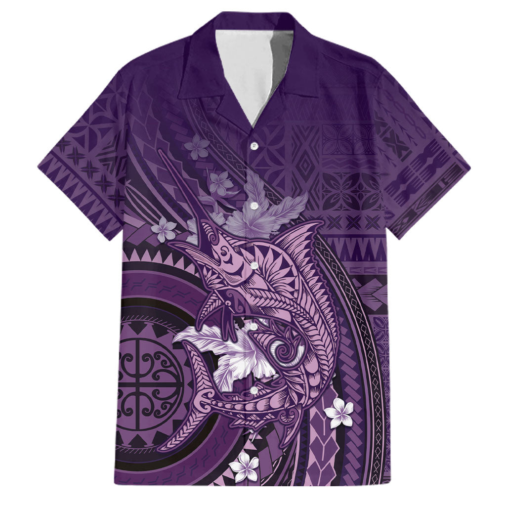 Samoa Tatau Marlin Family Matching Off Shoulder Maxi Dress and Hawaiian Shirt With Siapo Motifs Violet LT05 Dad's Shirt - Short Sleeve Violet - Polynesian Pride