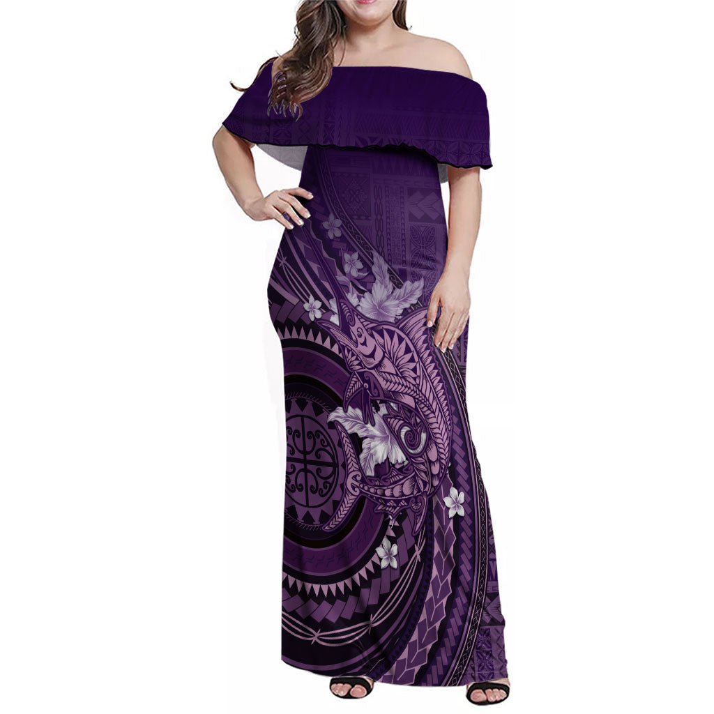 Samoa Tatau Marlin Family Matching Off Shoulder Maxi Dress and Hawaiian Shirt With Siapo Motifs Violet LT05 Mom's Dress Violet - Polynesian Pride