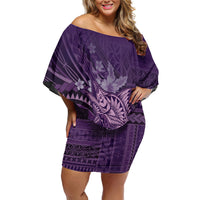 Samoa Tatau Marlin Family Matching Off Shoulder Short Dress and Hawaiian Shirt With Siapo Motifs Violet LT05 Mom's Dress Violet - Polynesian Pride