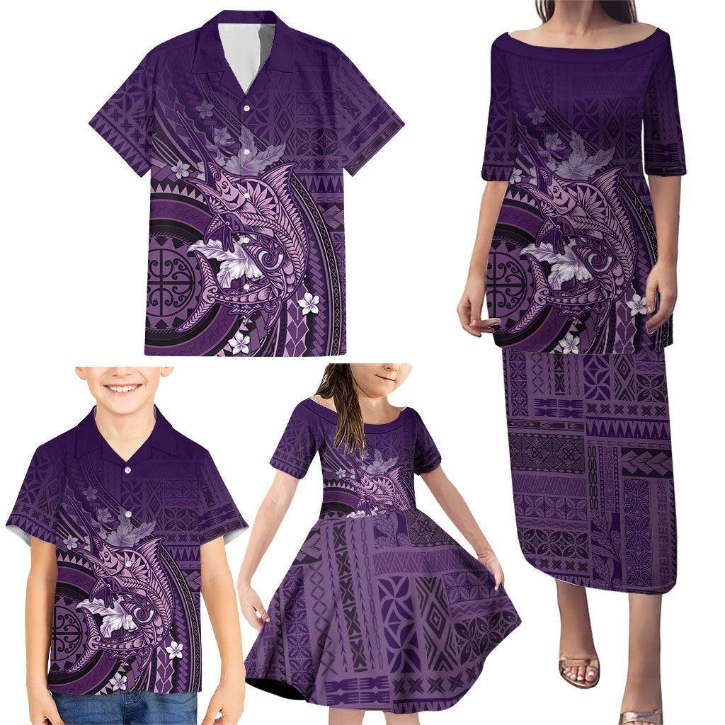 Samoa Tatau Marlin Family Matching Puletasi and Hawaiian Shirt With Siapo Motifs Violet