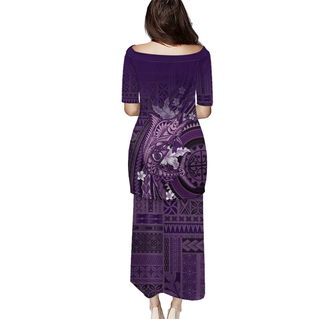 Samoa Tatau Marlin Family Matching Puletasi and Hawaiian Shirt With Siapo Motifs Violet