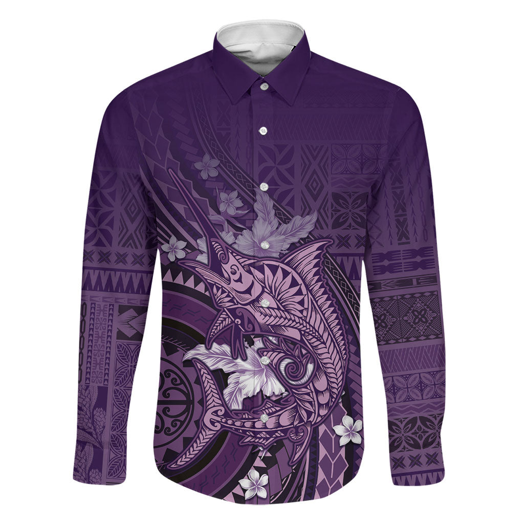 Samoa Tatau Marlin Family Matching Summer Maxi Dress and Hawaiian Shirt With Siapo Motifs Violet LT05 Dad's Shirt - Long Sleeve Violet - Polynesian Pride