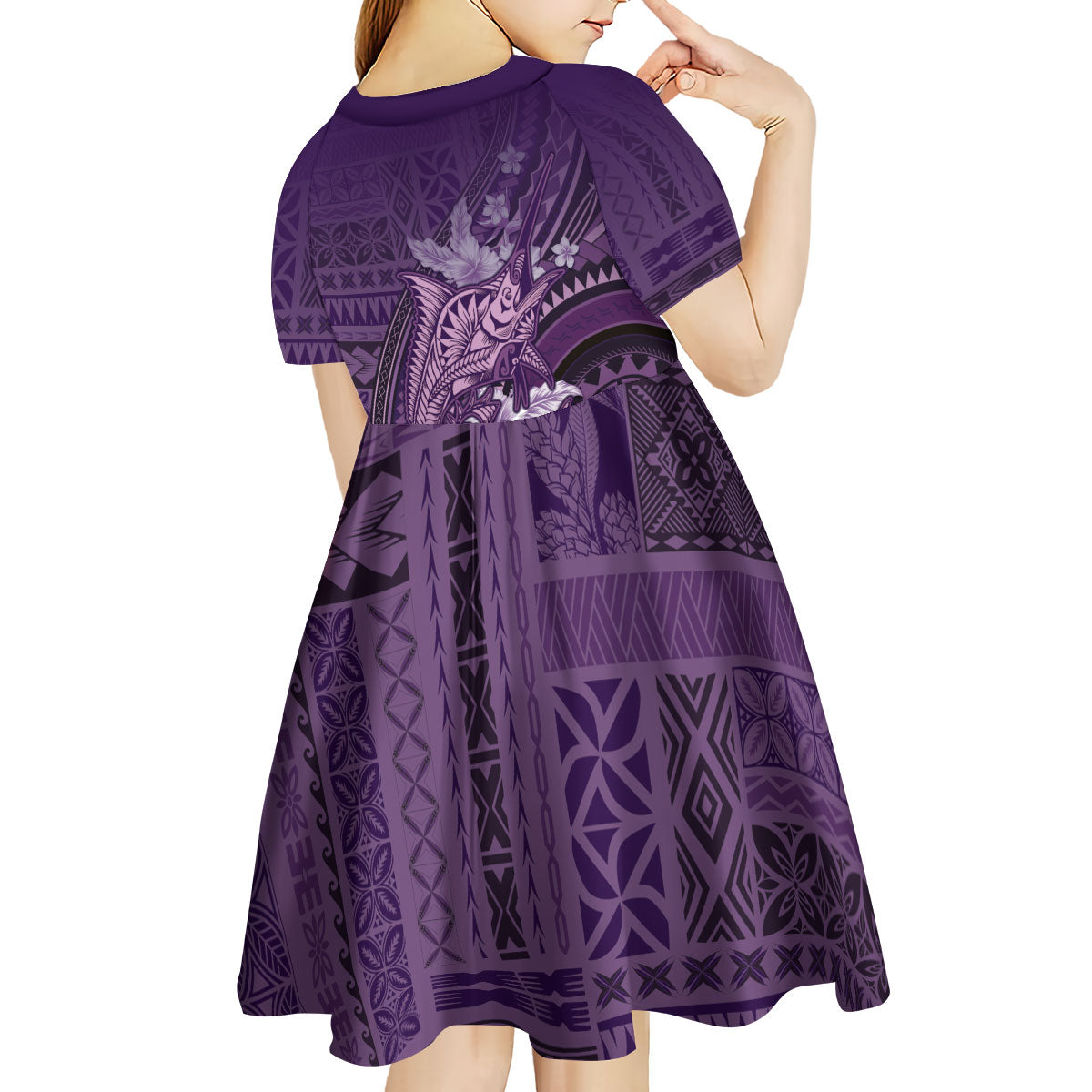 Samoa Tatau Marlin Kid Short Sleeve Dress With Siapo Motifs Violet