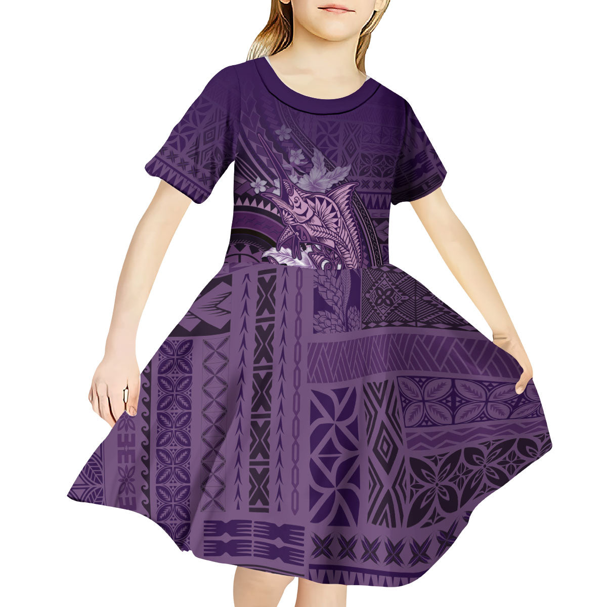Samoa Tatau Marlin Kid Short Sleeve Dress With Siapo Motifs Violet
