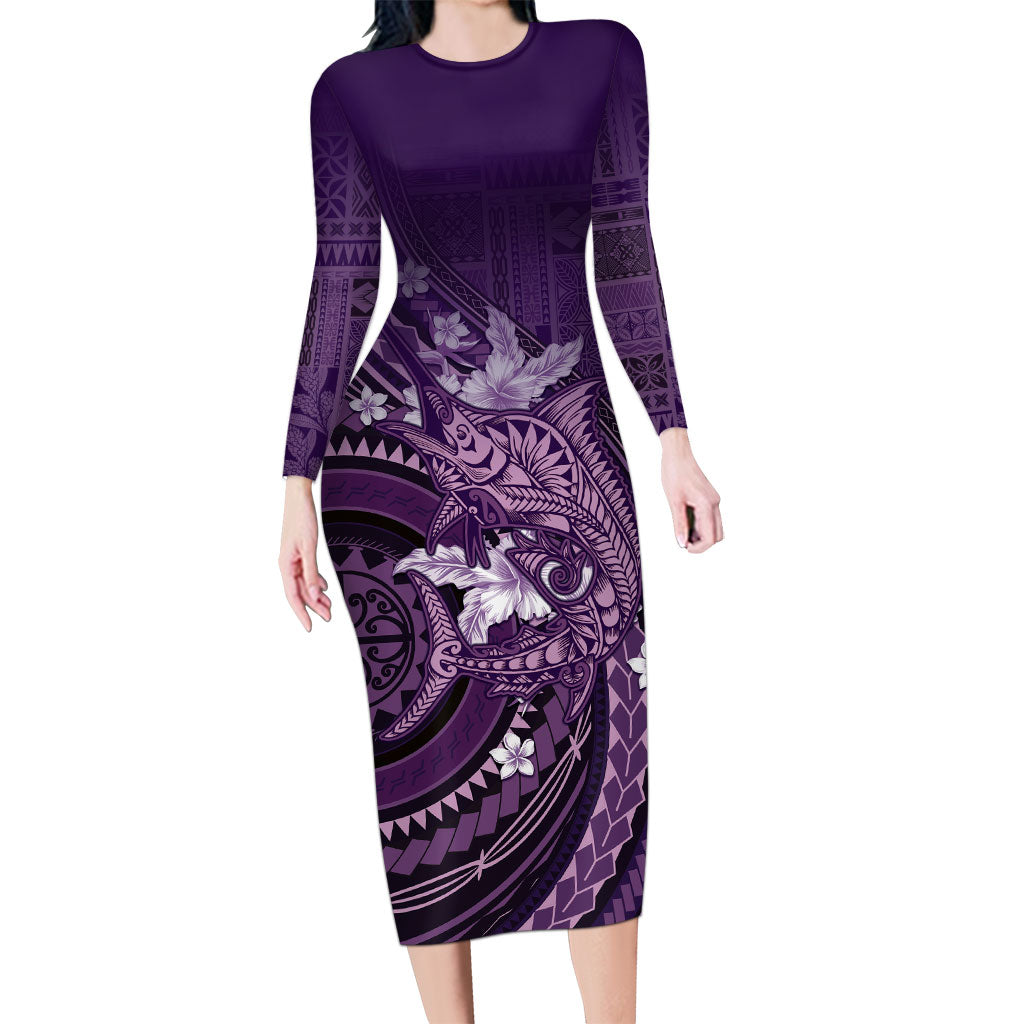 Samoa Tatau Marlin Long Sleeve Bodycon Dress With Siapo Motifs Violet