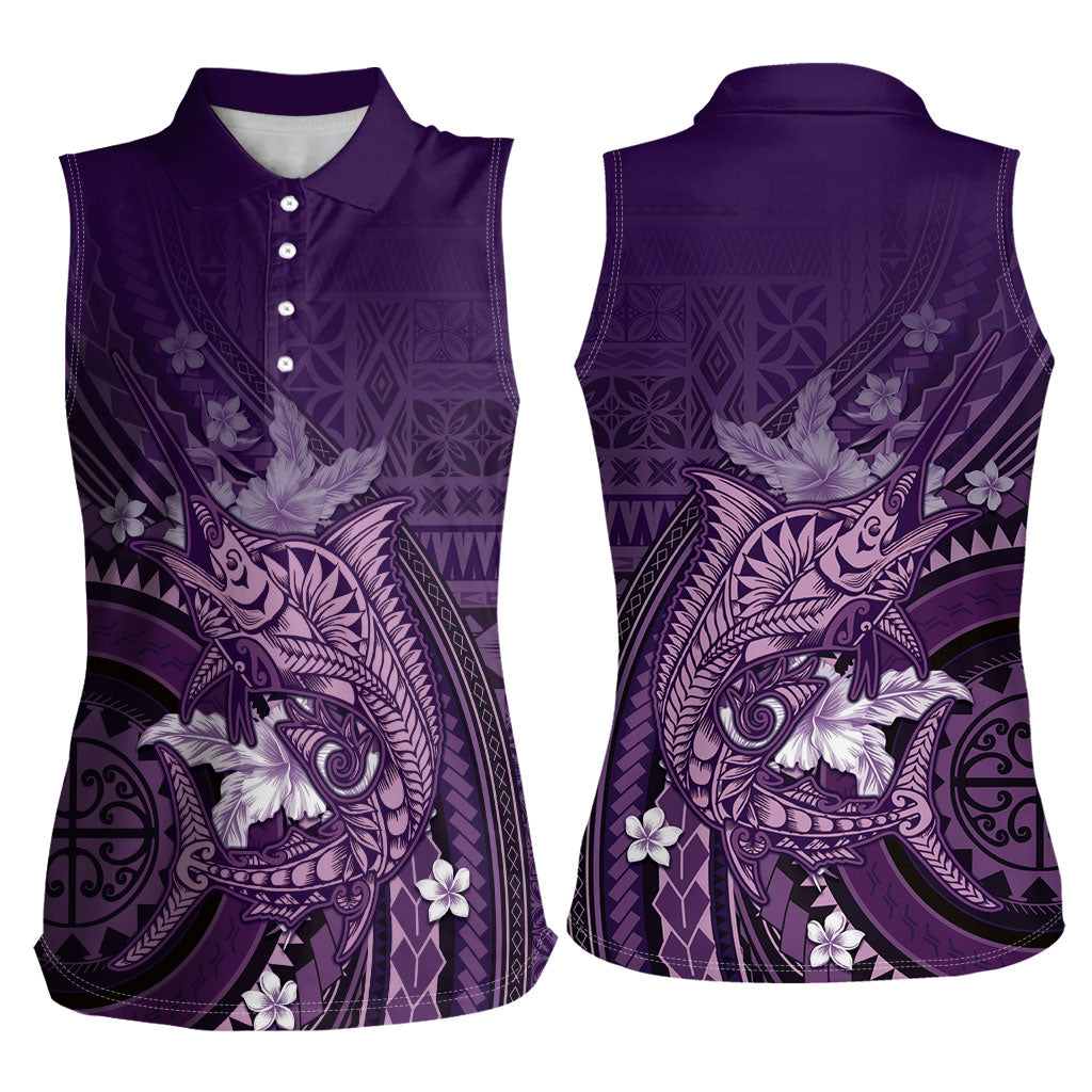 Samoa Tatau Marlin Women Sleeveless Polo Shirt With Siapo Motifs Violet