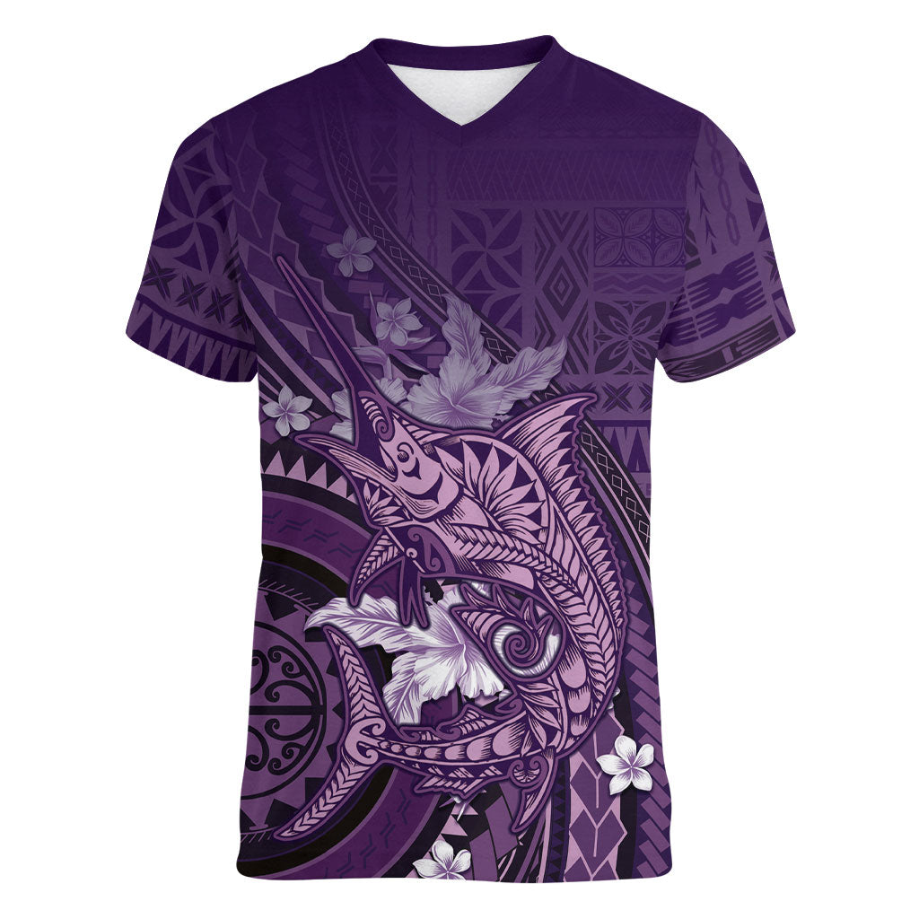 Samoa Tatau Marlin Women V-Neck T-Shirt With Siapo Motifs Violet