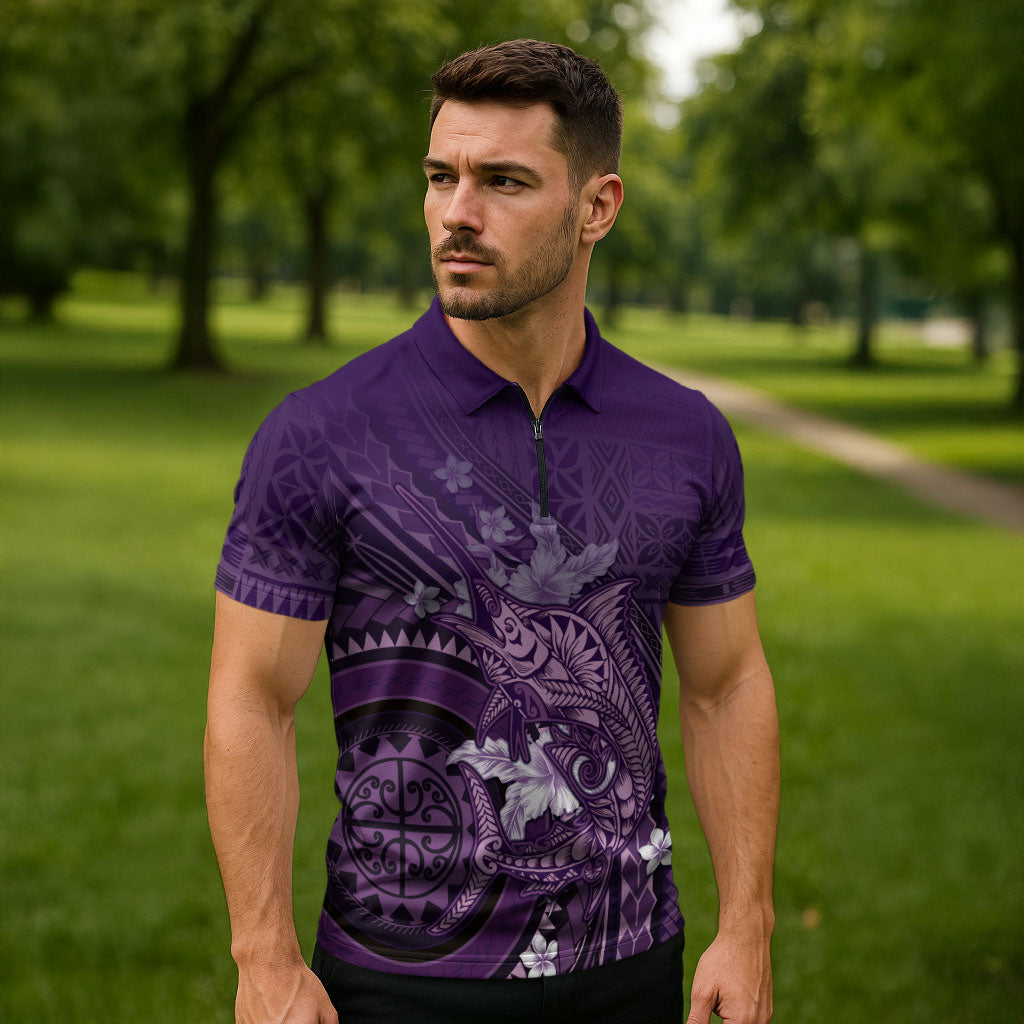 Samoa Tatau Marlin Zipper Polo Shirt With Siapo Motifs Violet