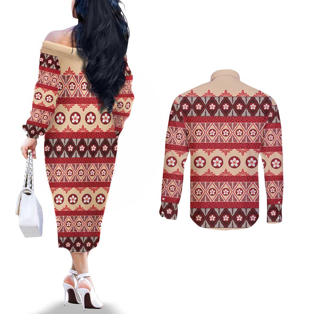Tonga Language Week Couples Matching Off The Shoulder Long Sleeve Dress and Long Sleeve Button Shirt Lea Faka-Tonga Everyday - Polynesian Pride