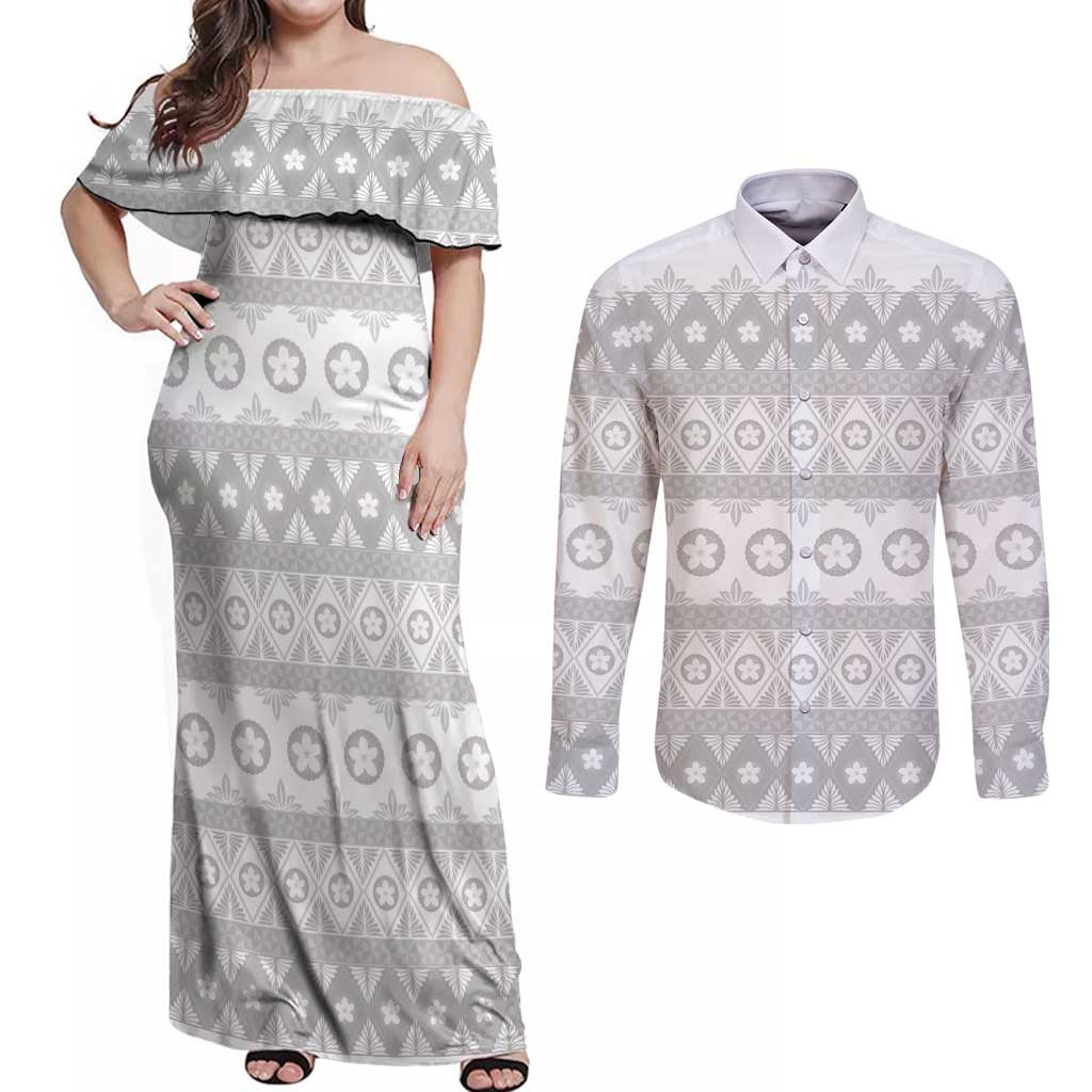 Tonga White Sunday Couples Matching Off Shoulder Maxi Dress and Long Sleeve Button Shirt Tongan Ngatu Siale Pattern - Polynesian Pride