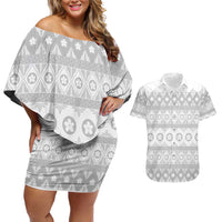 Tonga White Sunday Couples Matching Off Shoulder Short Dress and Hawaiian Shirt Tongan Ngatu Siale Pattern - Polynesian Pride