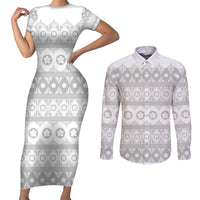 Tonga White Sunday Couples Matching Short Sleeve Bodycon Dress and Long Sleeve Button Shirt Tongan Ngatu Siale Pattern - Polynesian Pride