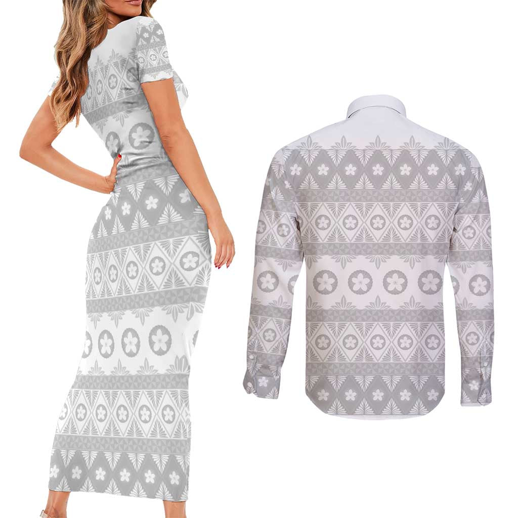 Tonga White Sunday Couples Matching Short Sleeve Bodycon Dress and Long Sleeve Button Shirt Tongan Ngatu Siale Pattern - Polynesian Pride