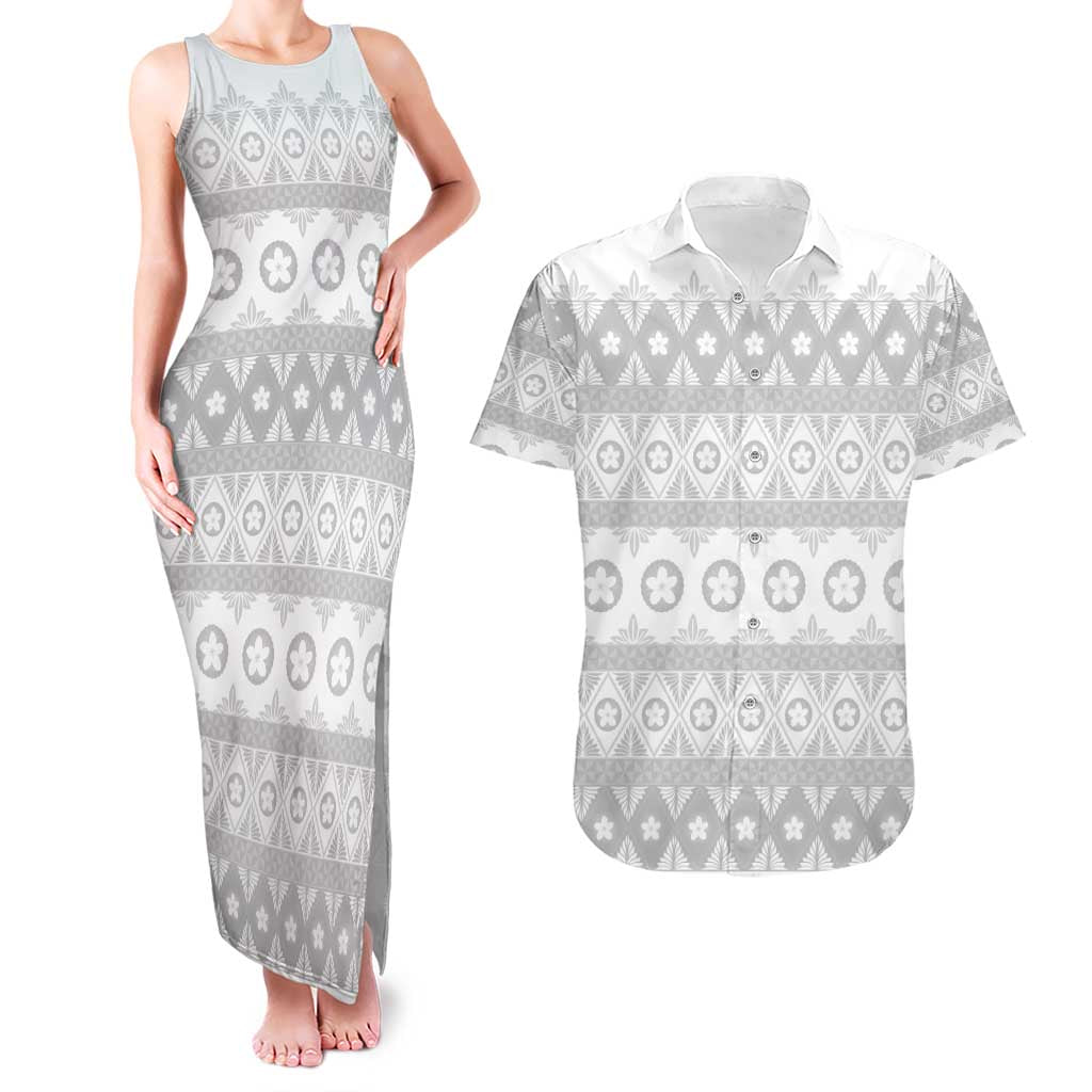 Tonga White Sunday Couples Matching Tank Maxi Dress and Hawaiian Shirt Tongan Ngatu Siale Pattern - Polynesian Pride