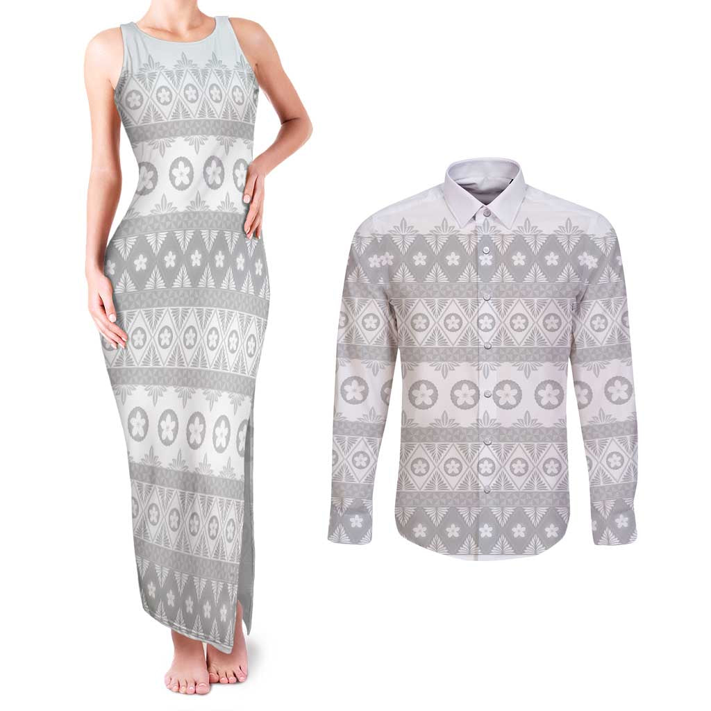 Tonga White Sunday Couples Matching Tank Maxi Dress and Long Sleeve Button Shirt Tongan Ngatu Siale Pattern - Polynesian Pride