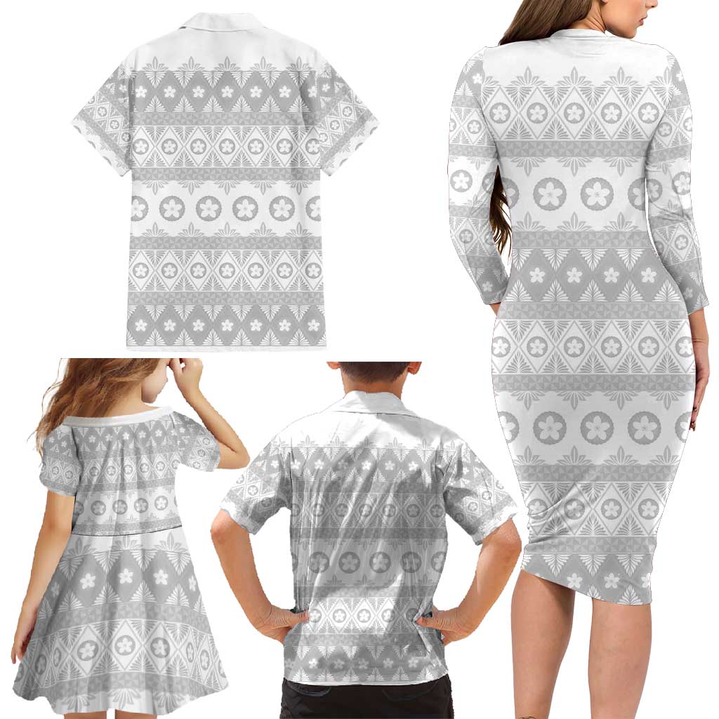 Tonga White Sunday Family Matching Long Sleeve Bodycon Dress and Hawaiian Shirt Tongan Ngatu Siale Pattern - Polynesian Pride