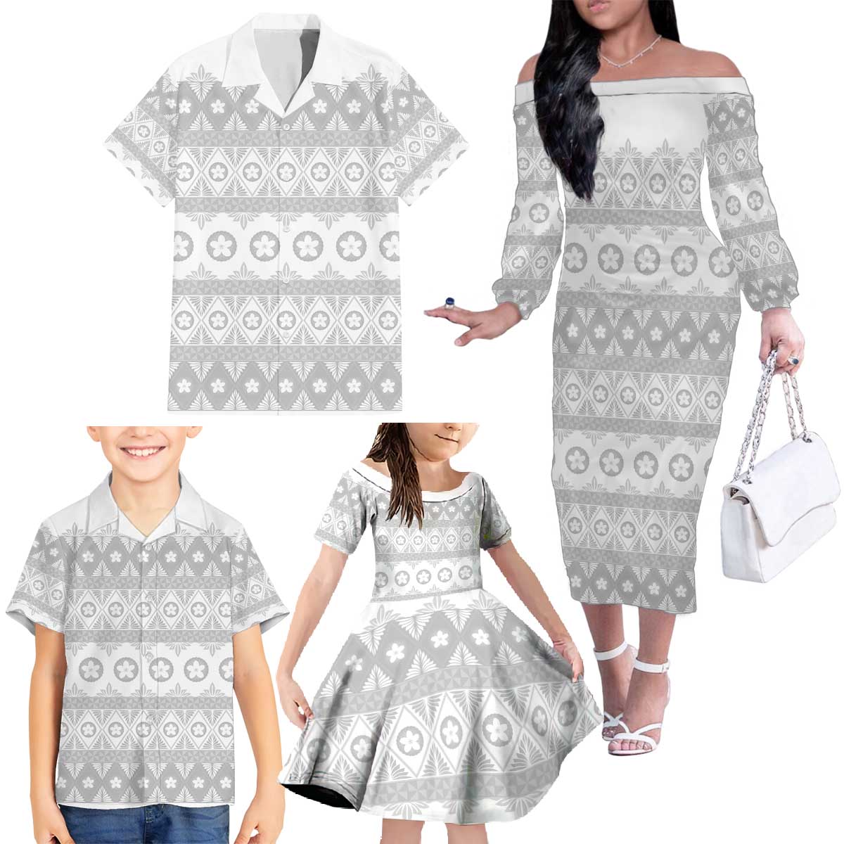 Tonga White Sunday Family Matching Off The Shoulder Long Sleeve Dress and Hawaiian Shirt Tongan Ngatu Siale Pattern - Polynesian Pride
