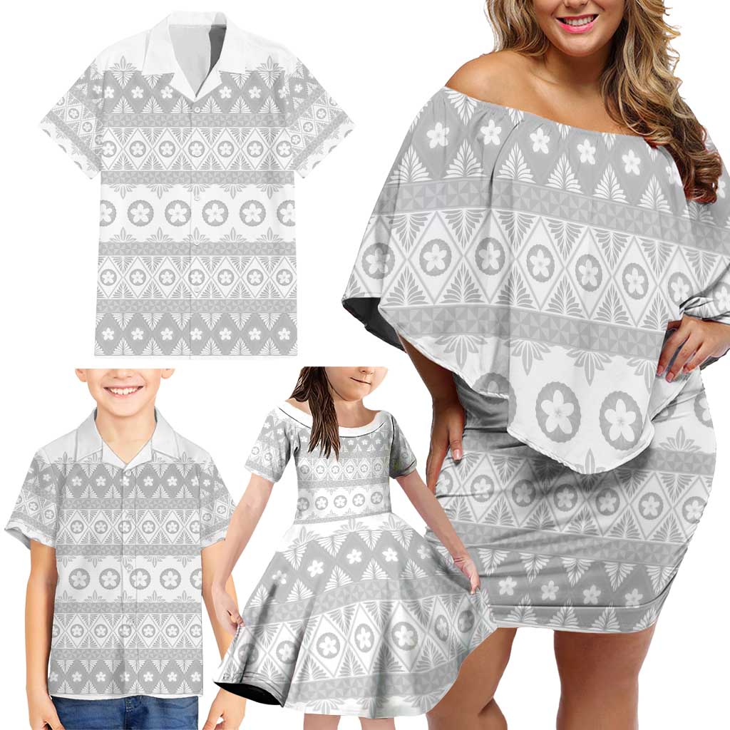 Tonga White Sunday Family Matching Off Shoulder Short Dress and Hawaiian Shirt Tongan Ngatu Siale Pattern - Polynesian Pride