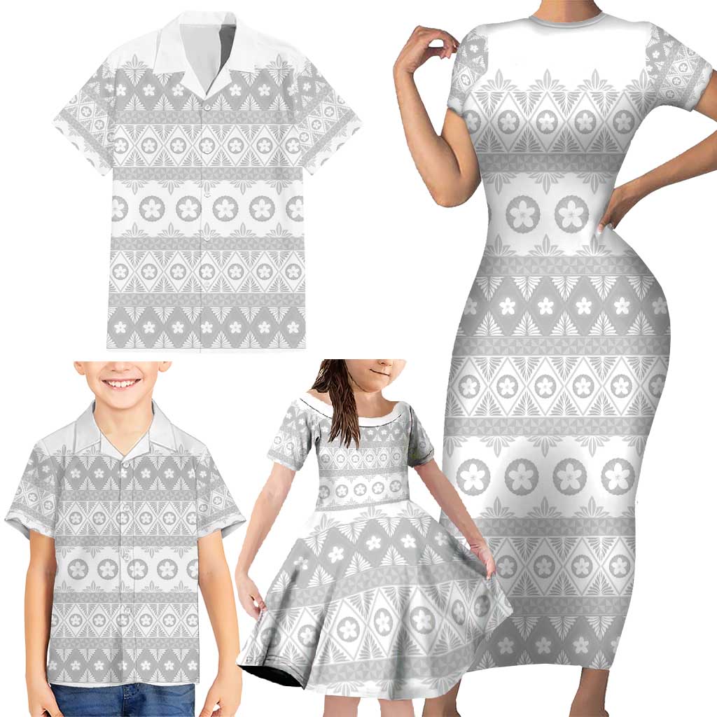 Tonga White Sunday Family Matching Short Sleeve Bodycon Dress and Hawaiian Shirt Tongan Ngatu Siale Pattern - Polynesian Pride