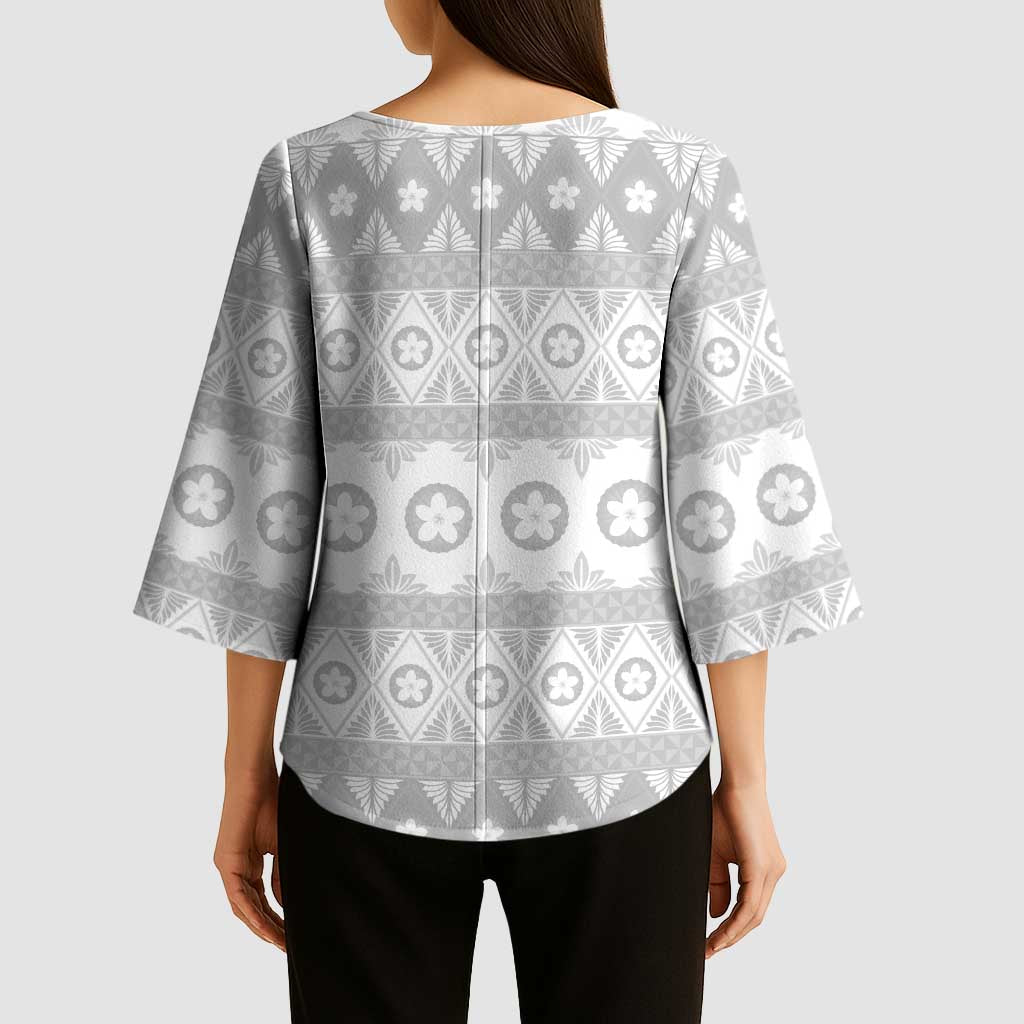 Tonga White Sunday Kimono Sleeve Blouse Tongan Ngatu Siale Pattern - Polynesian Pride