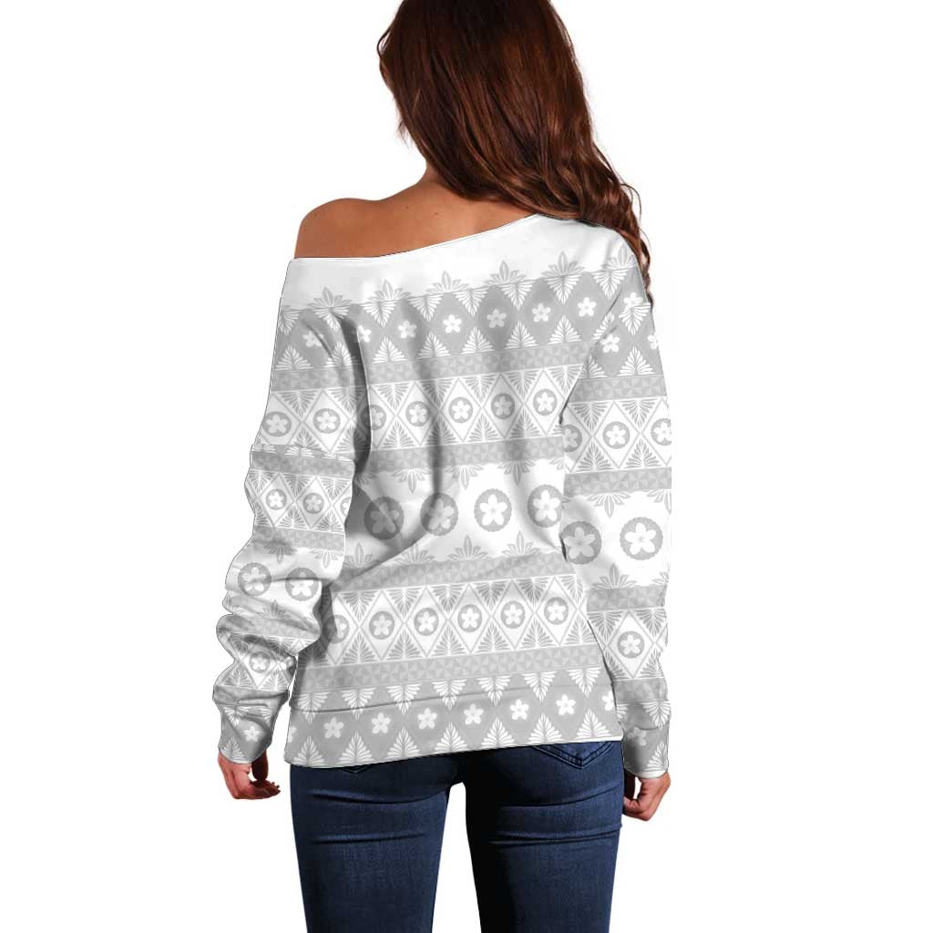 Tonga White Sunday Off Shoulder Sweater Tongan Ngatu Siale Pattern - Polynesian Pride