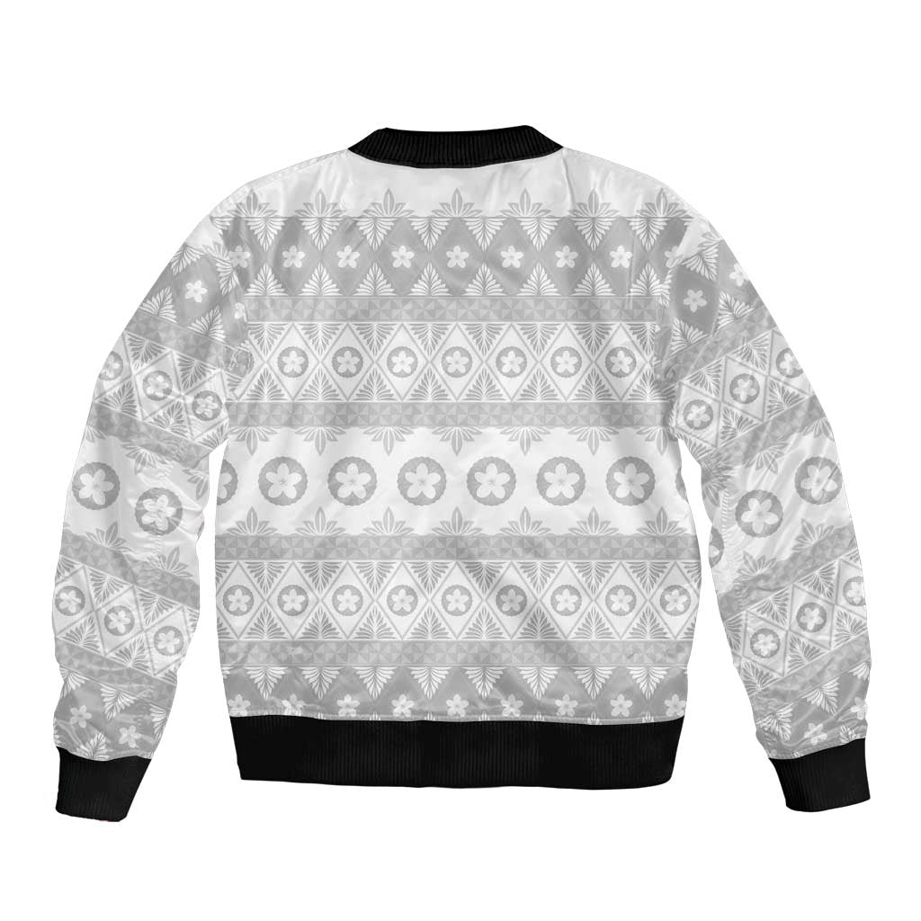 Tonga White Sunday Sleeve Zip Bomber Jacket Tongan Ngatu Siale Pattern - Polynesian Pride