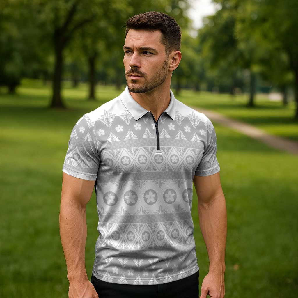 Tonga White Sunday Zipper Polo Shirt Tongan Ngatu Siale Pattern - Polynesian Pride