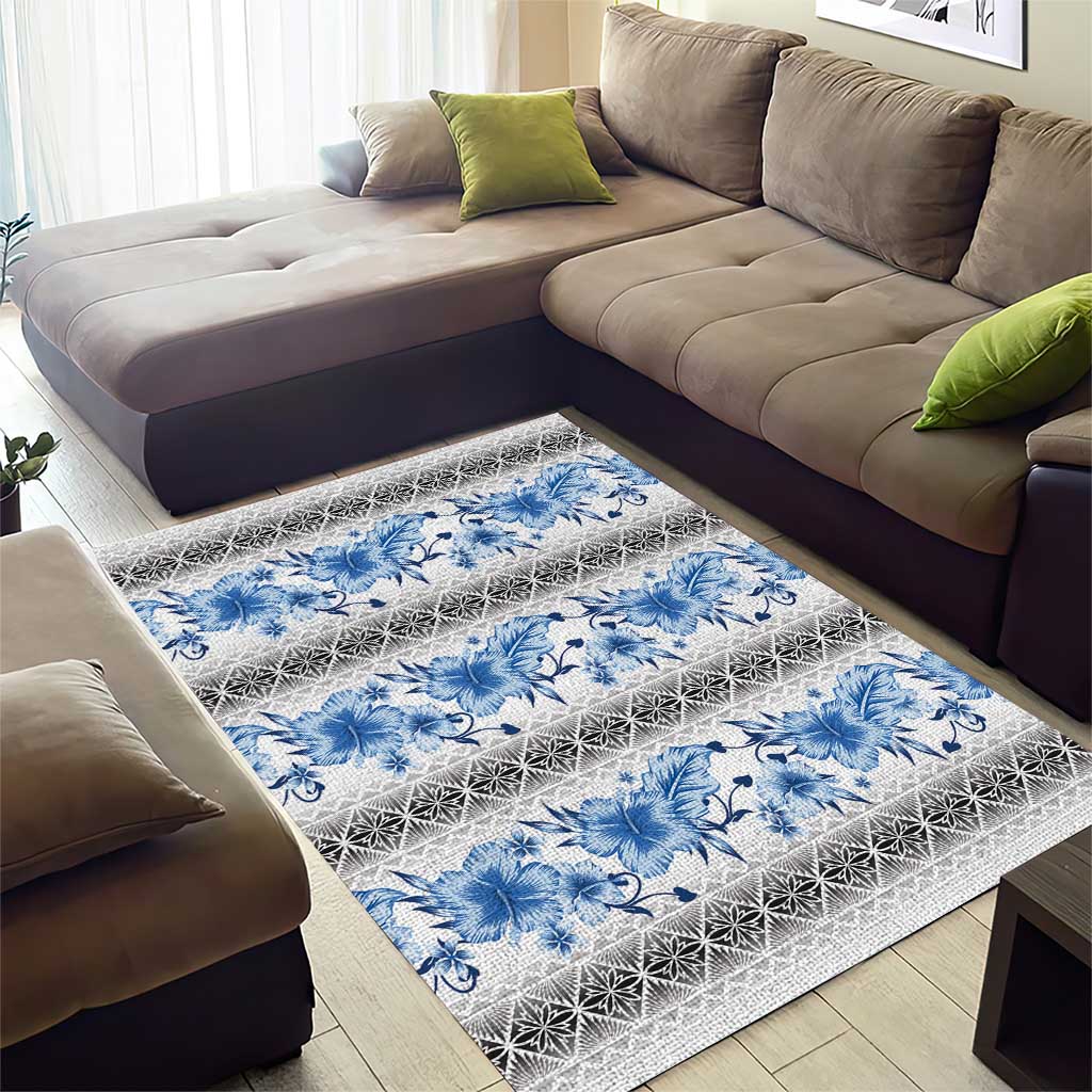 Samoa White Sunday Area Rug Samoan Tapa Blue Hibiscus - Polynesian Pride