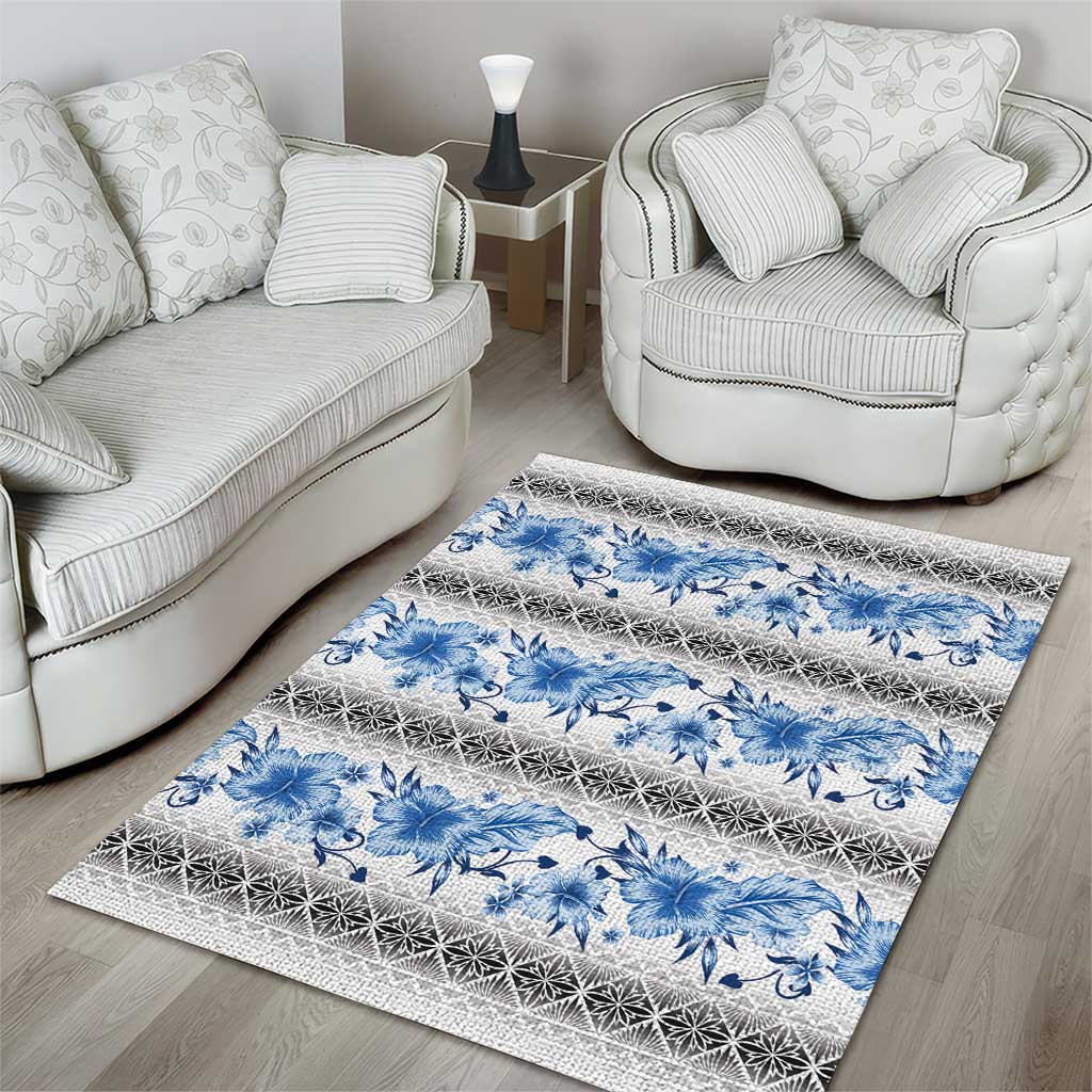 Samoa White Sunday Area Rug Samoan Tapa Blue Hibiscus - Polynesian Pride