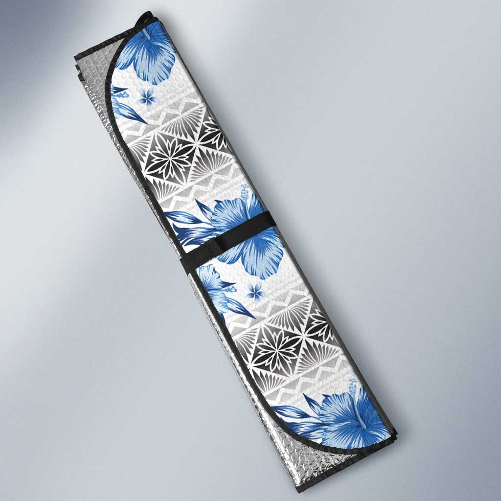 Samoa White Sunday Auto Sun Shade Samoan Tapa Blue Hibiscus - Polynesian Pride