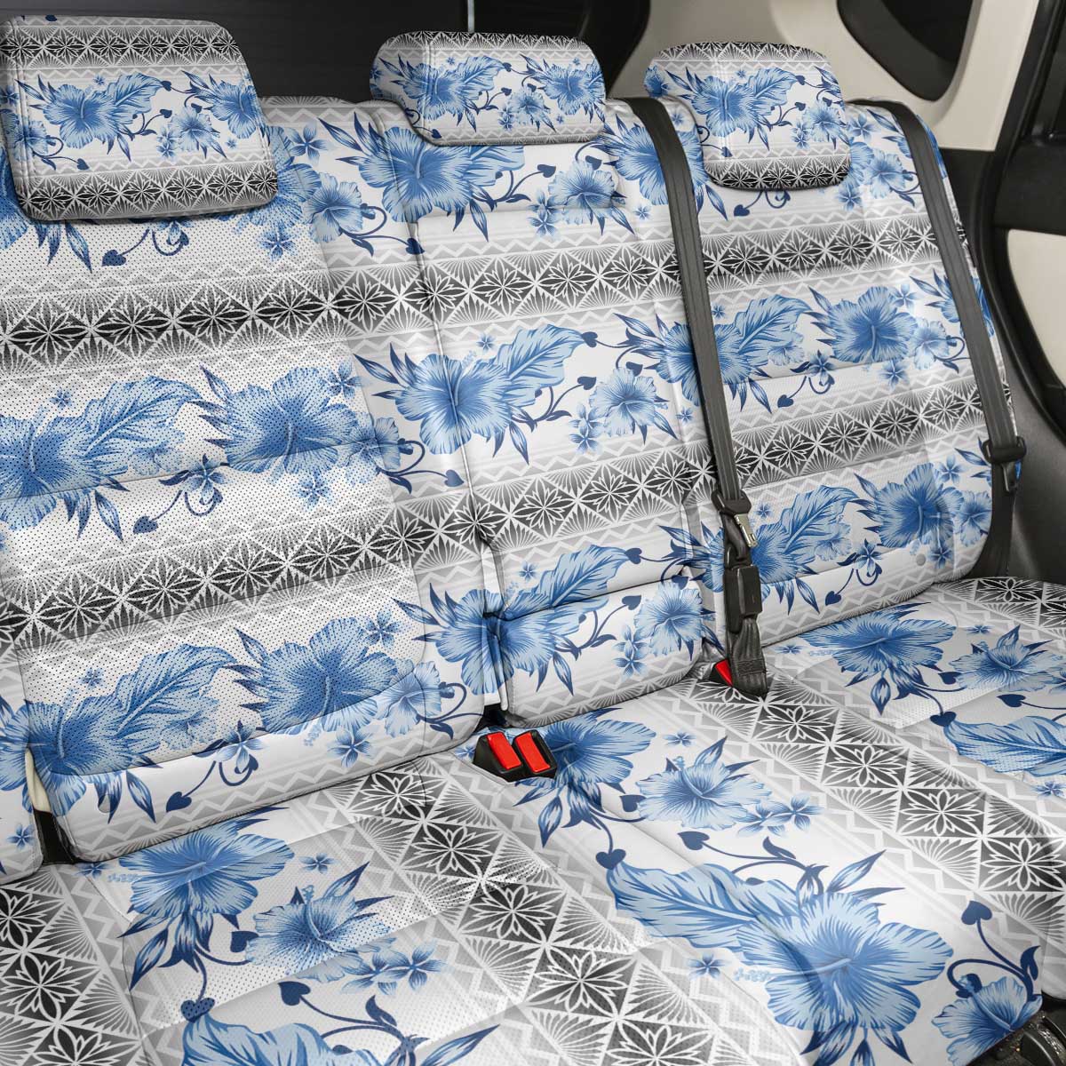 Samoa White Sunday Back Car Seat Cover Samoan Tapa Blue Hibiscus - Polynesian Pride