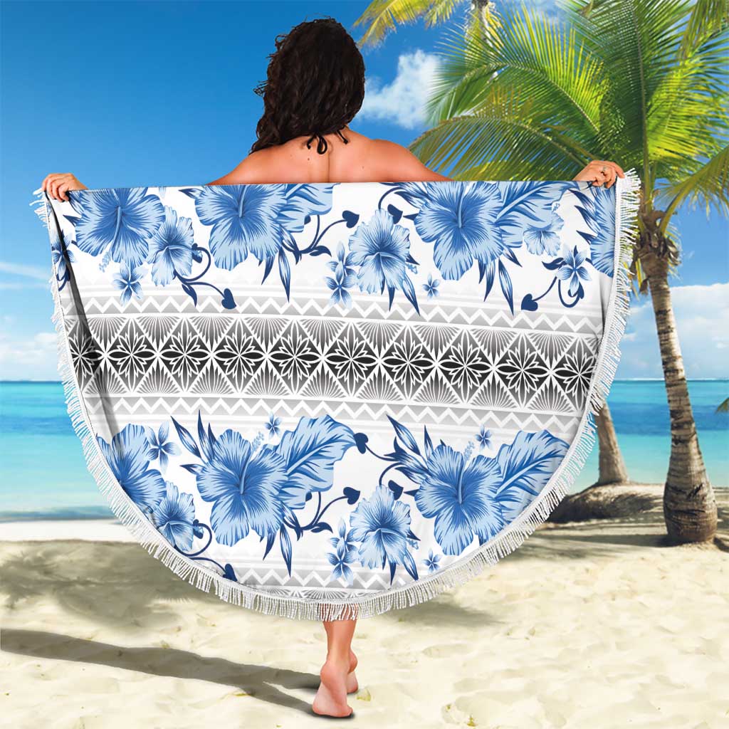 Samoa White Sunday Beach Blanket Samoan Tapa Blue Hibiscus - Polynesian Pride