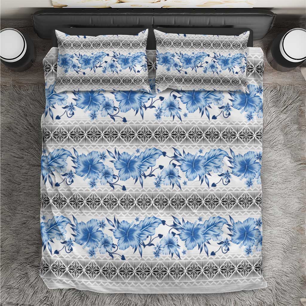 Samoa White Sunday Bedding Set Samoan Tapa Blue Hibiscus - Polynesian Pride