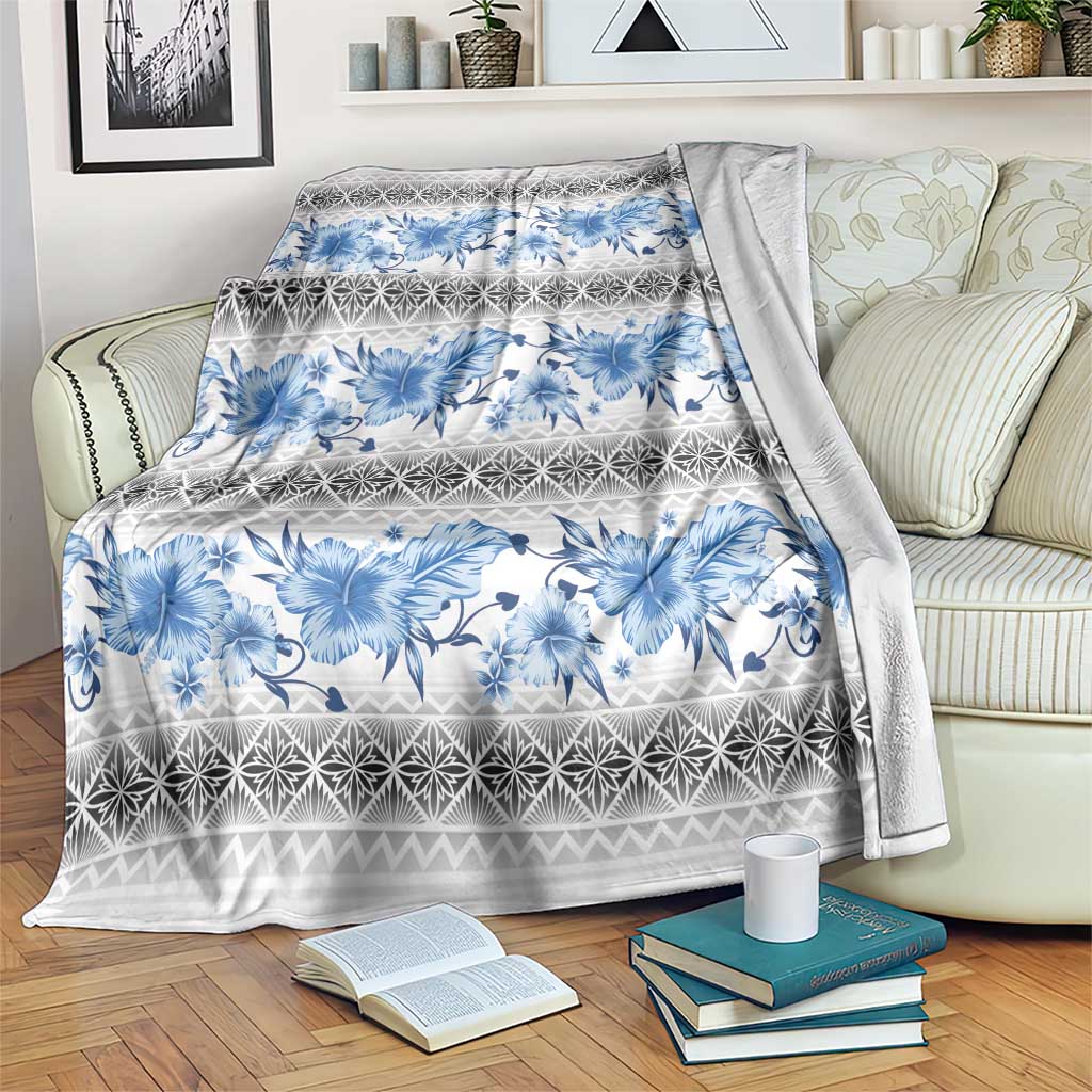 Samoa White Sunday Blanket Samoan Tapa Blue Hibiscus - Polynesian Pride