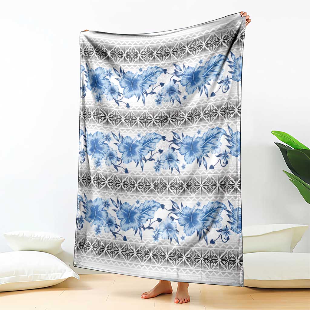 Samoa White Sunday Blanket Samoan Tapa Blue Hibiscus - Polynesian Pride